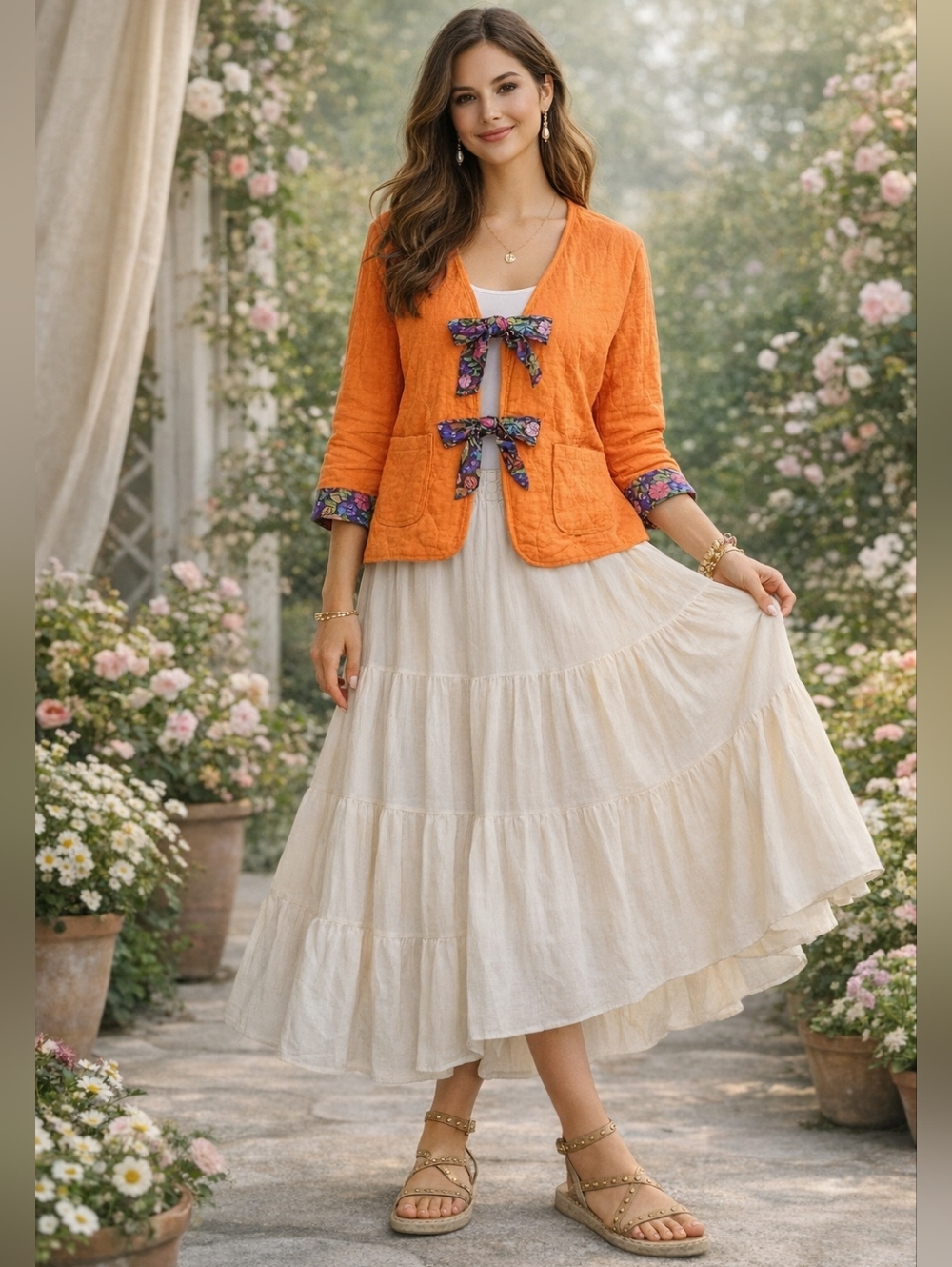 Quilted Orange Tie-Front UtilityJacket  Cottagecore Boho Spring Layer XL/1X‎